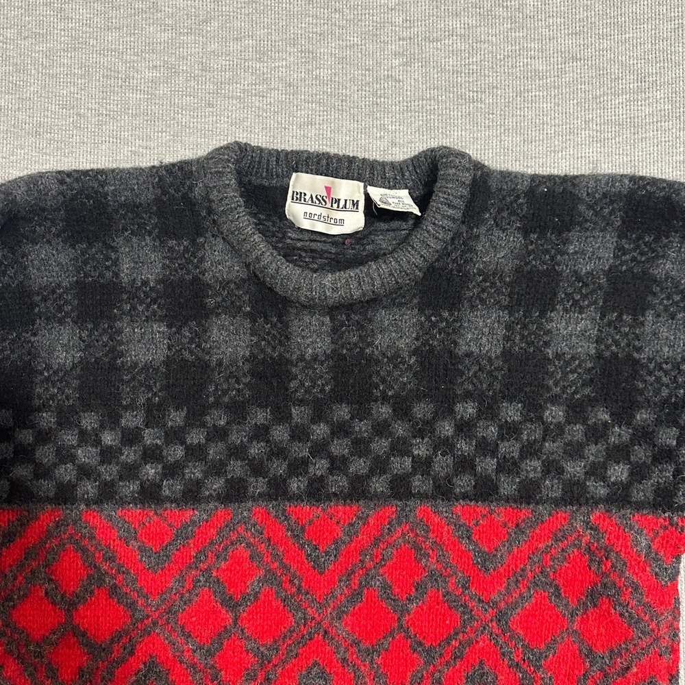 Vintage Brass Plum Nordstrom Shetland Wool Sweater Black Red Plaid Mens Medium - Picture 3 of 10